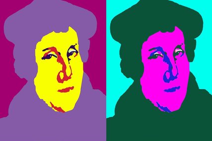 Martin Luther schaut den Betrachter an. Die Grafik hebt das Gesicht in gelb und lila hervor. - Copyright: Gemeindebrief.de -  Grafik: Pfeffer